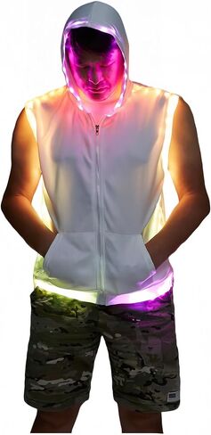 Men White Hooded Tank LED Light Up Sync Burning Man Rave Tops Night Club Show for Halloween Dance Party in Kuwait