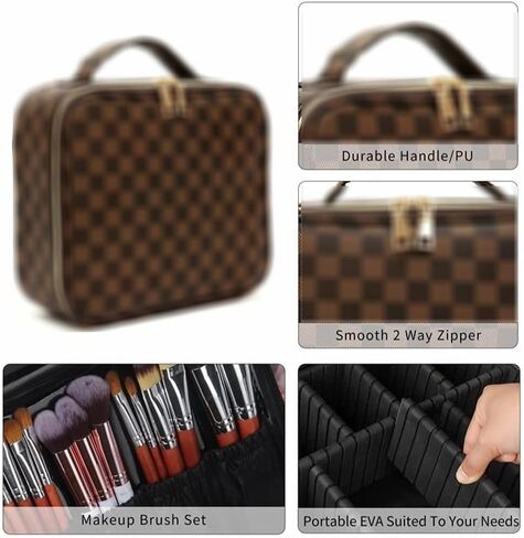 Brown Checkered Makeup Bag Set, Portable with Adjustable Partition, Large Capacity Pouch for Travel Organizer, Makeup Brushes Bag, Waterproof, Toiletries, Designer for Gift( 3Pcs Brown Checkered) in Saudi Arabia