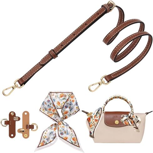 حزام كروس لحقيبة Longchamp الصغيرة، طقم حزام كتف جلدي، مزود بوشاح رأس حريري in Kuwait