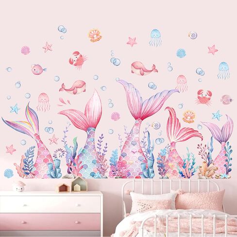 Mermaid Wall Decals for Baby Girls, Mermaid Tail Wall Stickers Removable, Peel & Stick Pink Under The Sea Bubble Seaweed Wall Decor for Bedroom Nursery Bathroom in Saudi Arabia