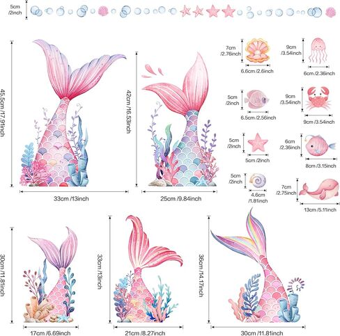 Mermaid Wall Decals for Baby Girls, Mermaid Tail Wall Stickers Removable, Peel & Stick Pink Under The Sea Bubble Seaweed Wall Decor for Bedroom Nursery Bathroom in Saudi Arabia