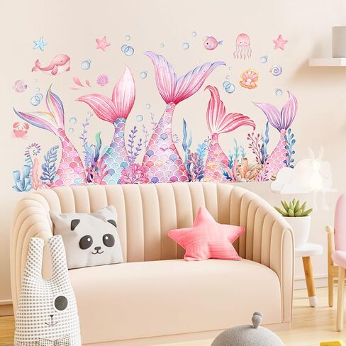 Mermaid Wall Decals for Baby Girls, Mermaid Tail Wall Stickers Removable, Peel & Stick Pink Under The Sea Bubble Seaweed Wall Decor for Bedroom Nursery Bathroom in Saudi Arabia