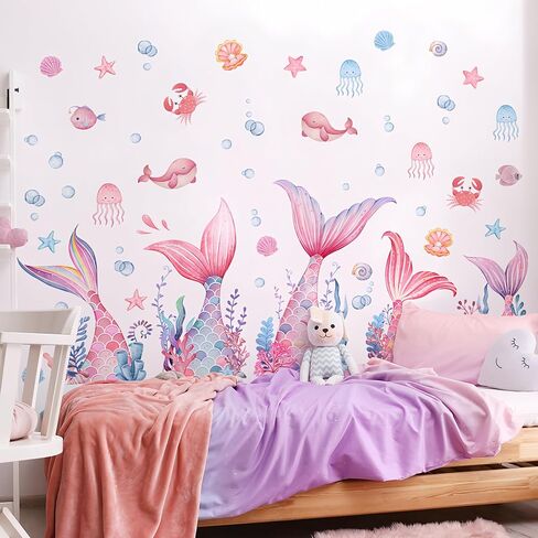Mermaid Wall Decals for Baby Girls, Mermaid Tail Wall Stickers Removable, Peel & Stick Pink Under The Sea Bubble Seaweed Wall Decor for Bedroom Nursery Bathroom in Saudi Arabia