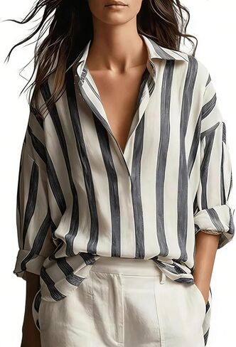 Striped Shirt Women Dressy Blouses Business Casual Womens Tops | Long Sleeve Pull On Collared V Neck Womens Shirts Loose Fit, Cute, Trendy, Fashion, Preppy, Teacher Outfits, Work, Office in Saudi Arabia