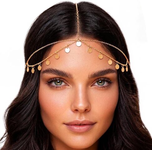 Brishow Gold Head Chain Egyptian Headpiece for Women Forehead Accessory | 20.5 in+3.9 in Adjustable genie head jewelry photos alloy small sequin headchain boho festival prom party concert in Saudi Arabia