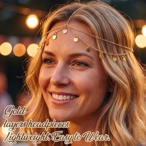 Brishow Gold Head Chain Egyptian Headpiece for Women Forehead Accessory | 20.5 in+3.9 in Adjustable genie head jewelry photos alloy small sequin headchain boho festival prom party concert in Saudi Arabia