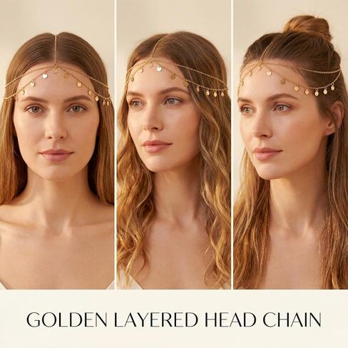 Brishow Gold Head Chain Egyptian Headpiece for Women Forehead Accessory | 20.5 in+3.9 in Adjustable genie head jewelry photos alloy small sequin headchain boho festival prom party concert in Saudi Arabia