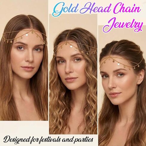 Brishow Gold Head Chain Egyptian Headpiece for Women Forehead Accessory | 20.5 in+3.9 in Adjustable genie head jewelry photos alloy small sequin headchain boho festival prom party concert in Saudi Arabia