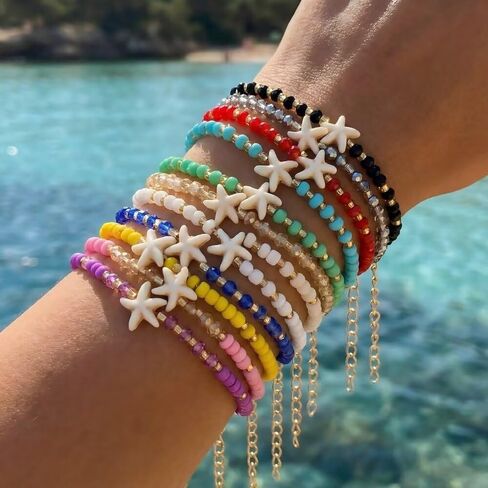 Colorful Starfish Beaded Bracelets for Women Men, Handmade Boho Summer Beach Stackable Friendship Bracelets with Glass Beads, Resin Starfish Charm, Adjustable Vacation Jewelry in Saudi Arabia