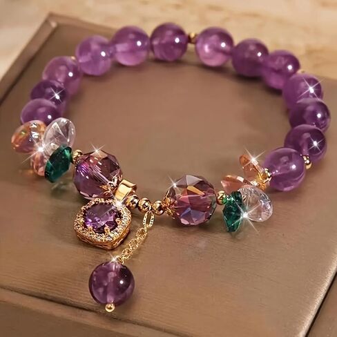 Classic Amethyst Bead Bracelet with Cubic Zirconia, Uncoated for Natural Shine - Stylish Everyday Wear and Gift for Women in Kuwait