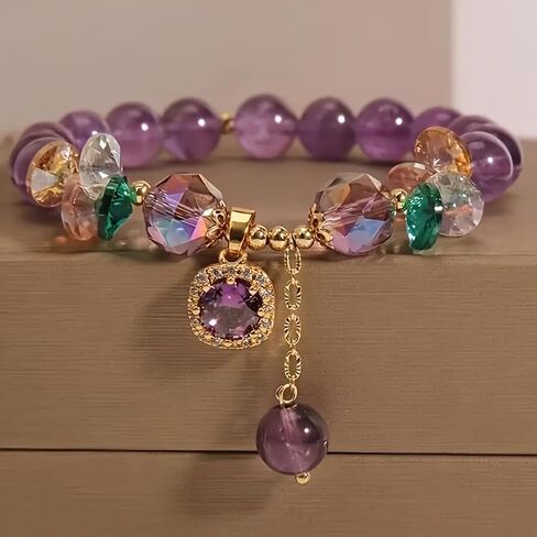 Classic Amethyst Bead Bracelet with Cubic Zirconia, Uncoated for Natural Shine - Stylish Everyday Wear and Gift for Women in Kuwait