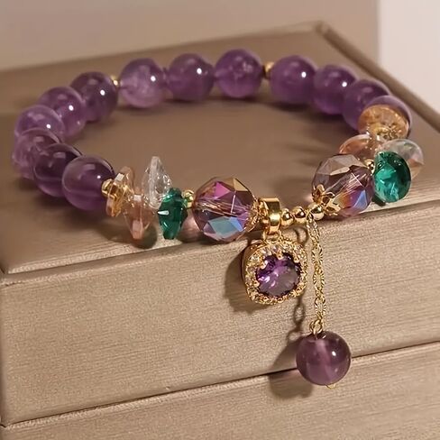 Classic Amethyst Bead Bracelet with Cubic Zirconia, Uncoated for Natural Shine - Stylish Everyday Wear and Gift for Women in Kuwait