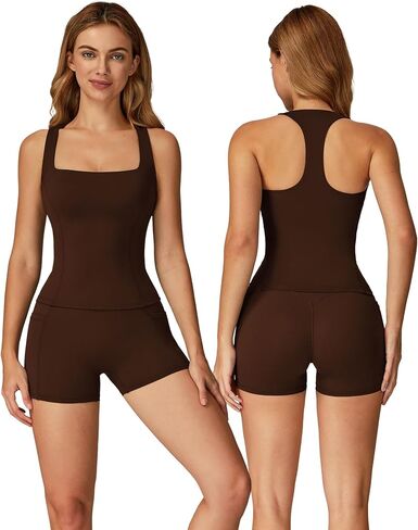 Womens Workout Sets 2 Piece Crossover Biker Shorts with Pockets Built in bra Racerback Tank Tops Gym Yoga Pilates Sets in Kuwait