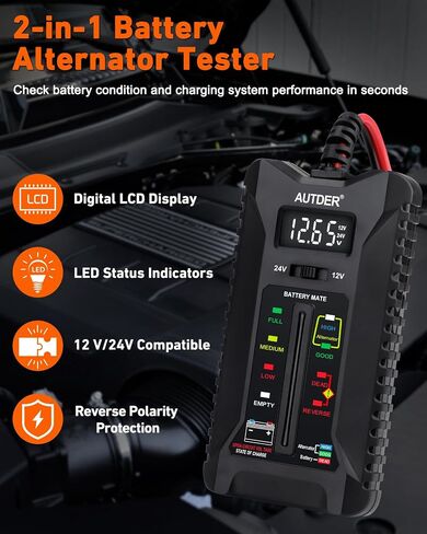 AUTDER Car Battery Tester and Alternator Tester 12V/24V with LCD Display and LED Indication Automotive Battery Voltage Meter for Cars Trucks Motorcycles in Kuwait