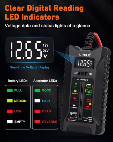AUTDER Car Battery Tester and Alternator Tester 12V/24V with LCD Display and LED Indication Automotive Battery Voltage Meter for Cars Trucks Motorcycles in Kuwait
