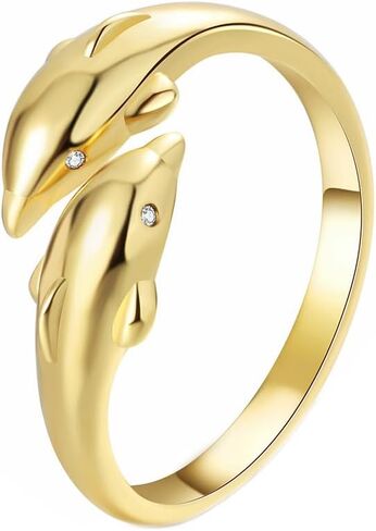 Cutesmile Dolphin Ring Fashion Jewelry Gold/Silver CZ Crystal Diamond Double Dolphin Open Adjustable Ring for Couple(Gold) in Saudi Arabia