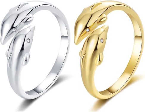 Cutesmile Dolphin Ring Fashion Jewelry Gold/Silver CZ Crystal Diamond Double Dolphin Open Adjustable Ring for Couple(Gold) in Saudi Arabia
