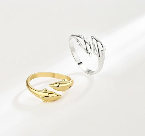 Cutesmile Dolphin Ring Fashion Jewelry Gold/Silver CZ Crystal Diamond Double Dolphin Open Adjustable Ring for Couple(Gold) in Saudi Arabia