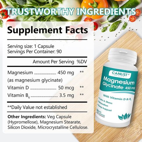 CANLIST Magnesium Glycinate Supplements 450mg for Bone & Muscle Health, Supports Deep Sleep, Muscle Relaxation & Stress Relief, High Absorption, Vegan, Non-GMO, 90 Capsules in Saudi Arabia