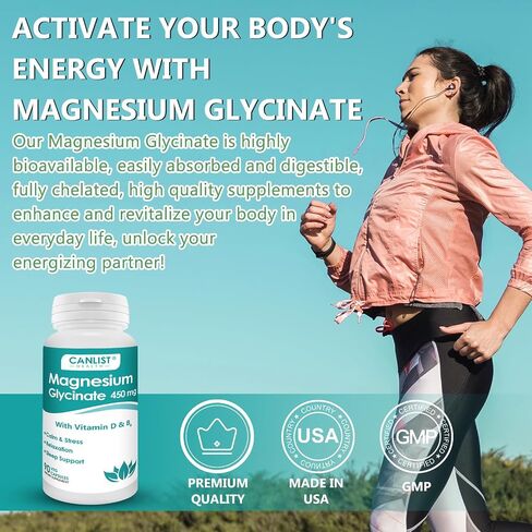 CANLIST Magnesium Glycinate Supplements 450mg for Bone & Muscle Health, Supports Deep Sleep, Muscle Relaxation & Stress Relief, High Absorption, Vegan, Non-GMO, 90 Capsules in Saudi Arabia