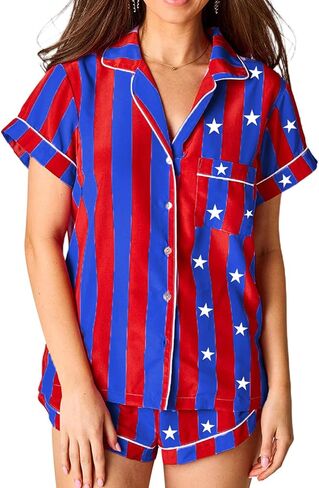 Women 4th of July Pajamas Set Striped Stars Short Sleeve Button Down Tops Shorts with Drawstring 2 Piece Lounge Set in Saudi Arabia