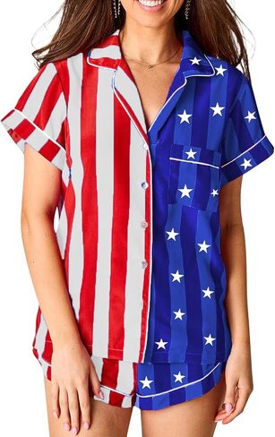 Women 4th of July Pajamas Set Striped Stars Short Sleeve Button Down Tops Shorts with Drawstring 2 Piece Lounge Set in Saudi Arabia