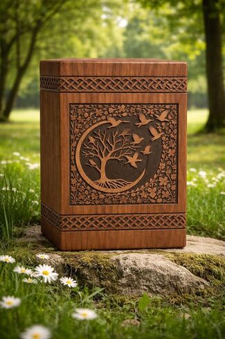 Handcrafted Wooden Cremation Urn – Tree of Life with Birds Design – Decorative Memorial Urn Box for Human Ashes – Solid Wood Keepsake Funeral Urn – Artisan Handmade Tribute ((5X4-20 Cu.in)) in Saudi Arabia