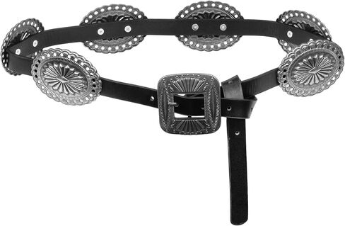Western Leather Concho Belt for Women 110cm/43in, Cowgirl National Carved Floral Buckle Waist Belt PU Adjustable Hot Girl For Coat Skirts Jeans Dress Country Concert Nashville Outfits Vintage in Saudi Arabia