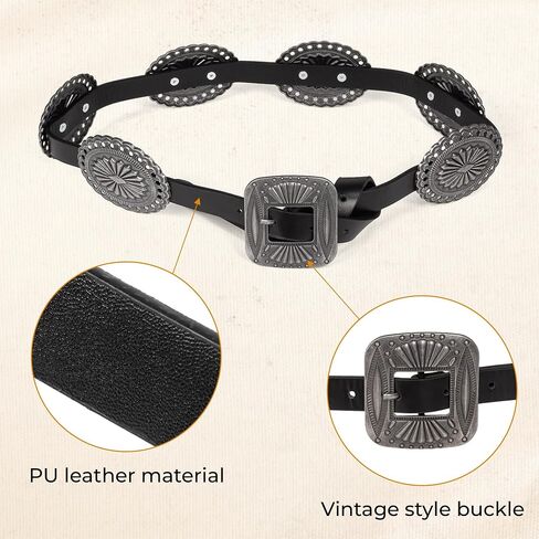 Western Leather Concho Belt for Women 110cm/43in, Cowgirl National Carved Floral Buckle Waist Belt PU Adjustable Hot Girl For Coat Skirts Jeans Dress Country Concert Nashville Outfits Vintage in Saudi Arabia