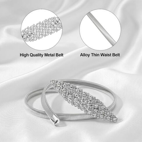 Silver Rhinestone Elastic Waist Belt for Women, Lightweight Metal Chain Dress Belt, Durable Sparkly Skinny Crystal Accessory for Wedding Party, Formal Occasion, Bridal Shower in Saudi Arabia
