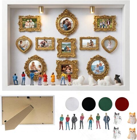 All-in-One DIY Shadow Box Kit,Mini Gold Frames with Museum of Figurines | LED-Illuminated Silhouette Box Memory Collage | Anniversary/Wedding Eco-Friendly Decor Gift (B Style) in Saudi Arabia