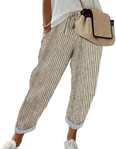 Womens Striped Pants Drawstring Waisted Causal Loose Trendy Gingham Trousers with Pockets in Kuwait