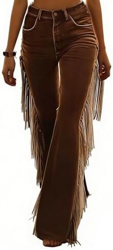 Women's Tassel Suade Pants High Waist Flare Pant Vintage Western Baggy Wide Leg Side Tassel Pants, Stretch Slim Fringe Pant (Light Brown S) in Saudi Arabia