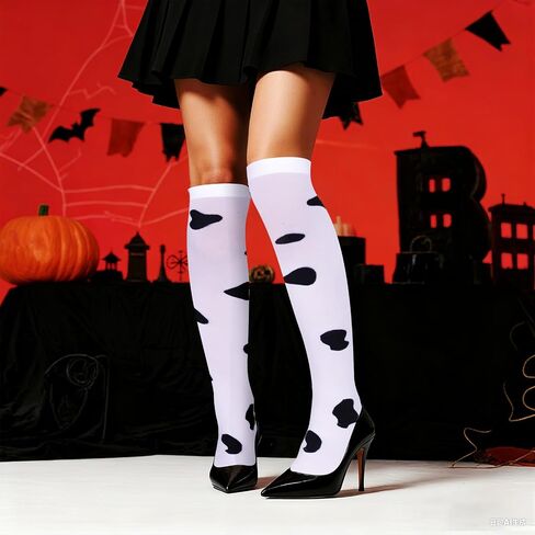 choyaxo Cow Print Thigh Knee High Stockings Black and White Cow Socks Animal Print Socks for Daily Use,Cosplay,Party,Halloween in Saudi Arabia