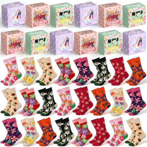 Glitopper 24 Sets Mother's Day Socks Bulk with Gift Boxes Floral Sock Women Flower Novelty Gifts for Mom Birthday in Kuwait
