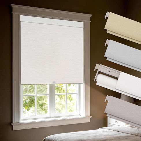 Hestia No Drill Blackout Roller Shades with Fascia Valance, Cordless Free-Stop Linen-Like Thermal Insulated Blinds with UV Protection for Bedroom, Nursery and Home Office,White,34.5" W X 72" H in Saudi Arabia