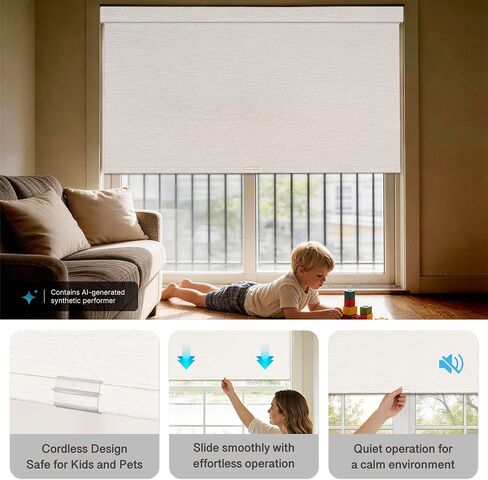 Hestia No Drill Blackout Roller Shades with Fascia Valance, Cordless Free-Stop Linen-Like Thermal Insulated Blinds with UV Protection for Bedroom, Nursery and Home Office,White,34.5" W X 72" H in Saudi Arabia