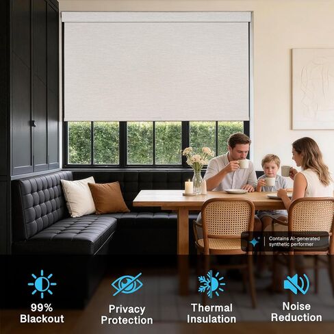 Hestia No Drill Blackout Roller Shades with Fascia Valance, Cordless Free-Stop Linen-Like Thermal Insulated Blinds with UV Protection for Bedroom, Nursery and Home Office,White,34.5" W X 72" H in Saudi Arabia
