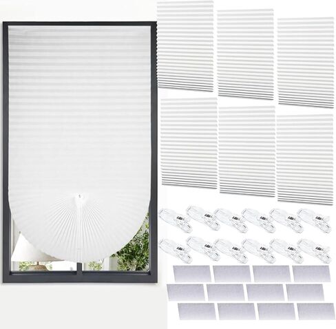 6 Pcs Temporary Blinds for Windows, 35" x 110" Extra Long Pleated Shades, No Tools No Drilling Cut to Size Self-Adhesive Fabric Window Blinds for Home, Office, Sliding Doors, Light Filtering (White) in Saudi Arabia
