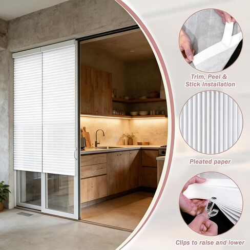 6 Pcs 35 x 110 Inch Temporary Blinds for Indoor Windows, Non-Woven Fabric Paper Pleated Shades, No Drill Free Cut Size, Adhesive Privacy Blinds for French Door Sliding Door Light Filtering (White) in Kuwait