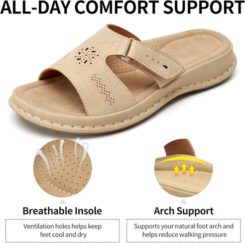 Womens Casual Slide Sandals: Beige 10 Adjustable Fit & Non-Slip Rubber Outsole for Errands - Arch Support & Cushioned Memory Foam Insole for Outdoor & Indoor Comfort - For Busy Women in Saudi Arabia