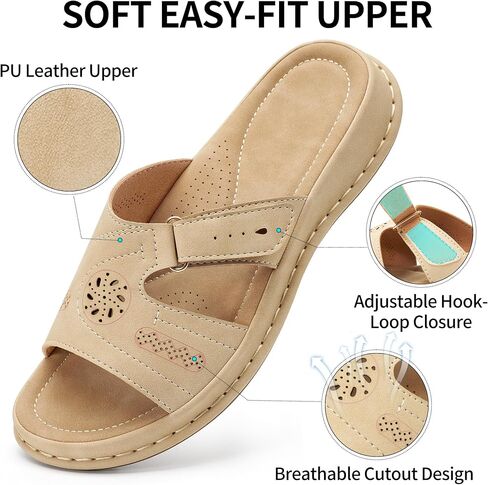 Womens Casual Slide Sandals: Beige 10 Adjustable Fit & Non-Slip Rubber Outsole for Errands - Arch Support & Cushioned Memory Foam Insole for Outdoor & Indoor Comfort - For Busy Women in Saudi Arabia