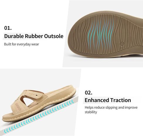 Womens Casual Slide Sandals: Beige 10 Adjustable Fit & Non-Slip Rubber Outsole for Errands - Arch Support & Cushioned Memory Foam Insole for Outdoor & Indoor Comfort - For Busy Women in Saudi Arabia