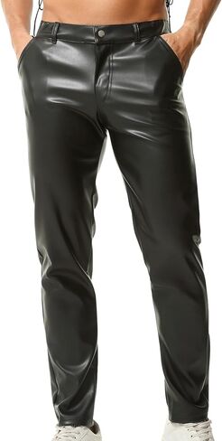 Men's Skinny Black PU Leather Pants - Straight Leg Faux Leather Night Club Shiny Disco Casual in Saudi Arabia