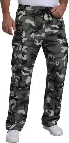 Men’s Camo Cargo Pants Cuffs Lightweight Relaxed Fit Straight Leg with Elastic Waist Drawstring Multi Pockets in Saudi Arabia