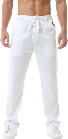 Hoerev Linen Cotton Casual Trousers Pants Drawing String Zipper Closure in Kuwait