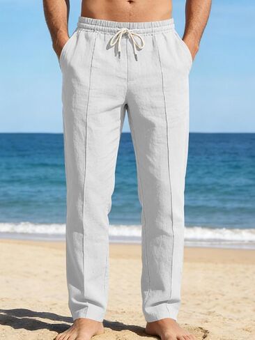 Men's Linen Pants Elastic Waist Drawstring Straight Leg Summer Beach Vacation Casual Trousers with Pockets in Kuwait