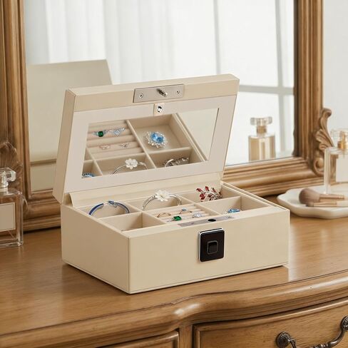 Jewelry Safe, Biometric Fingerprint Safe, Leather Wrapped Jewelry Box with Lock & Mirror, Ultra-Lightweight Jewelry Box Suitable for Home Use & On-the-Go(Three-Tier White) in Kuwait