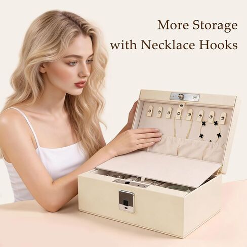 Jewelry Safe, Biometric Fingerprint Safe, Leather Wrapped Jewelry Box with Lock & Mirror, Ultra-Lightweight Jewelry Box Suitable for Home Use & On-the-Go(Three-Tier White) in Kuwait