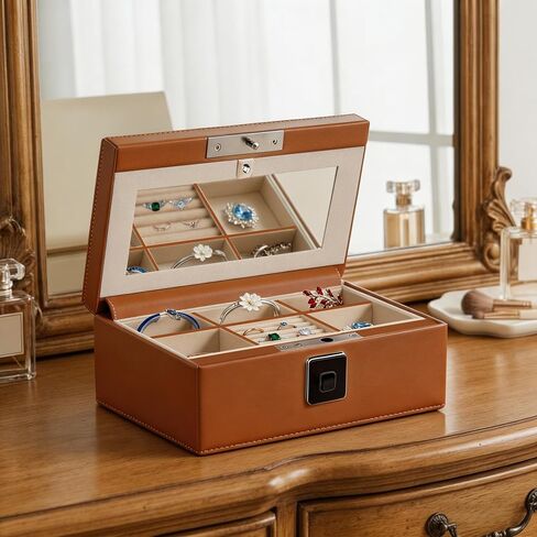 Jewelry Safe, Biometric Fingerprint Safe, Leather Wrapped Jewelry Box with Lock & Mirror, Ultra-Lightweight Jewelry Box Suitable for Home Use & On-the-Go(Three-Tier White) in Kuwait